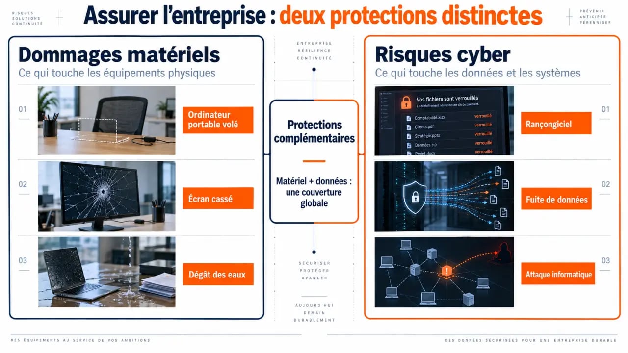 Infographie sur l’assurance matériel informatique entreprise et la différence avec l’assurance cyber