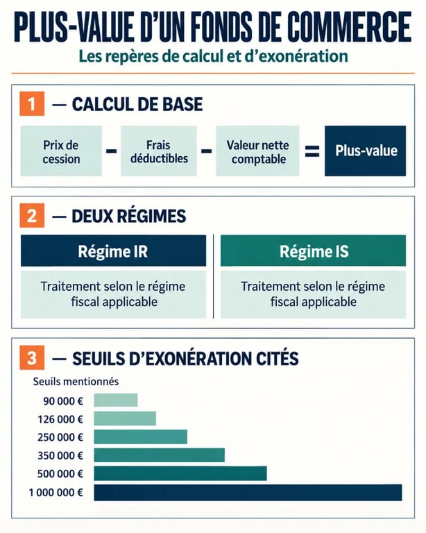 Plus value fond de commerce : calcul, régimes IR et IS et seuils d’exonération