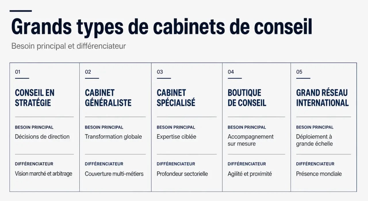 Cabinet de conseil : synthèse visuelle des grands types et de leurs missions