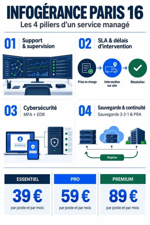Infographie sur l'infogérance Paris 16 avec SLA, cybersécurité, sauvegarde 3-2-1 et forfaits