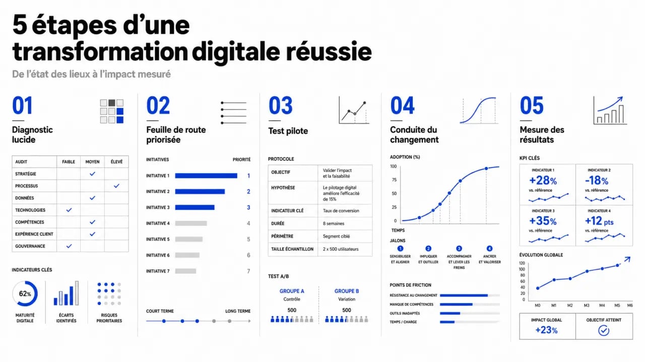 Réussir sa transformation digitale : schéma éditorial des étapes clés du diagnostic à la mesure des résultats