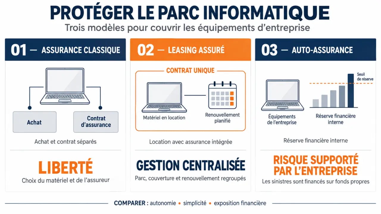 Infographie comparant assurance classique, leasing assuré et auto-assurance du matériel informatique entreprise