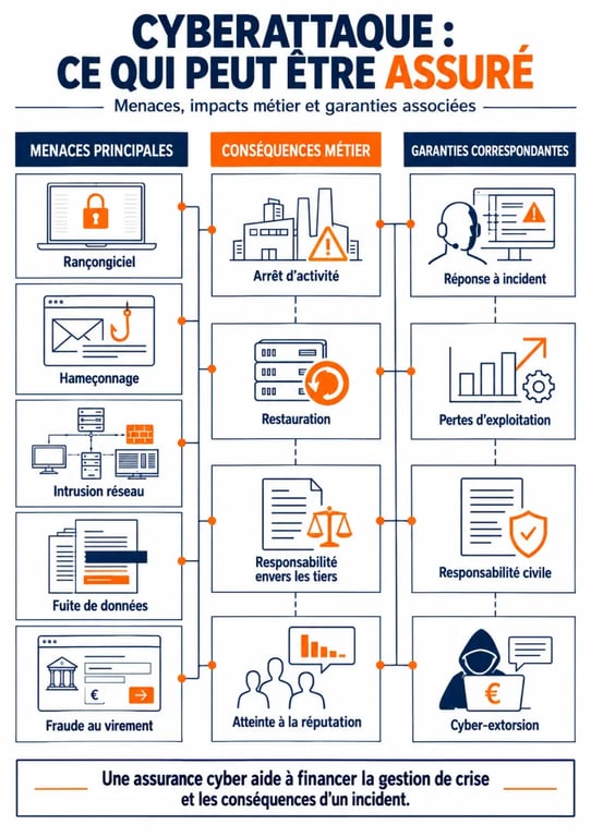 Infographie sur les risques cyberattaque assurés, les conséquences pour l'entreprise et les garanties cyber