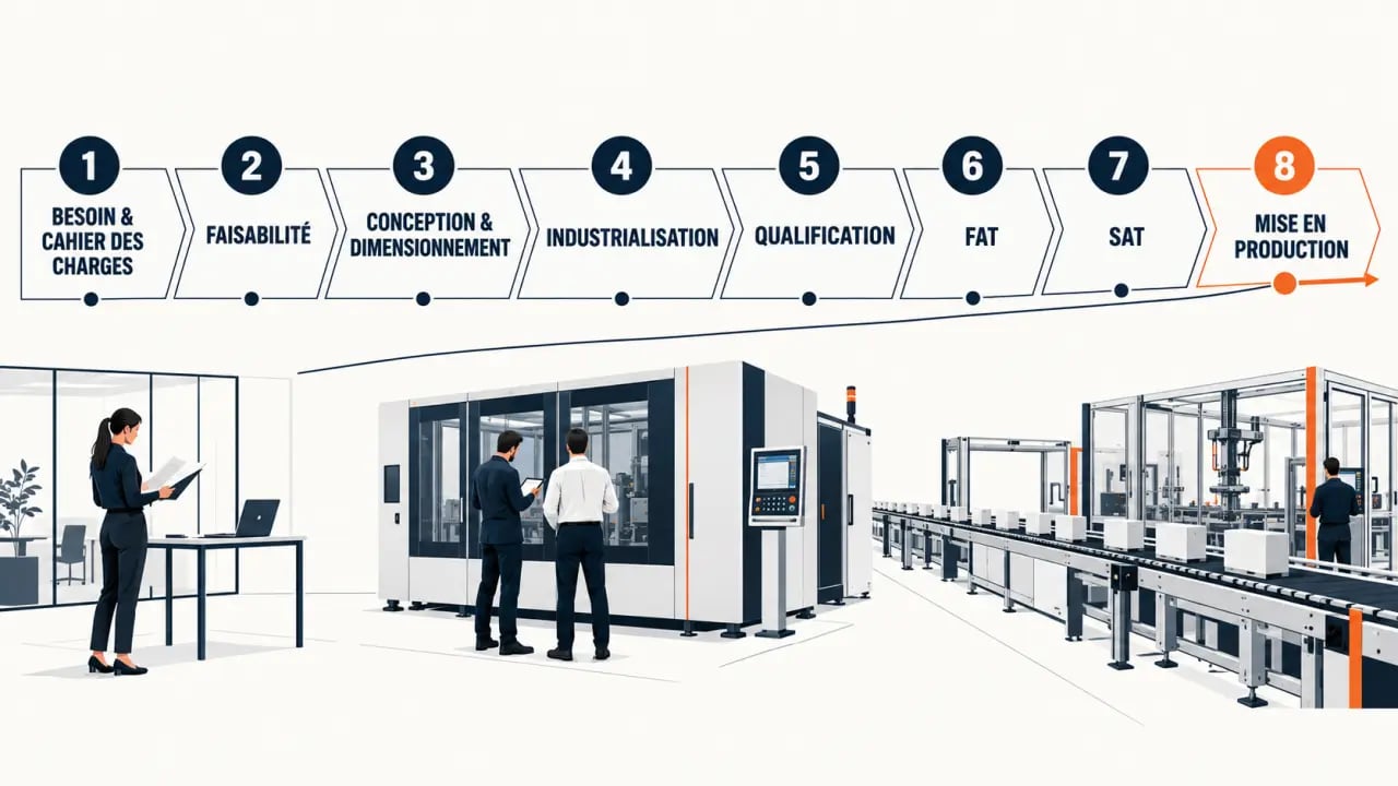 Infographie du cycle d’intervention d’un bureau d’études industriel, de la faisabilité à la mise en production