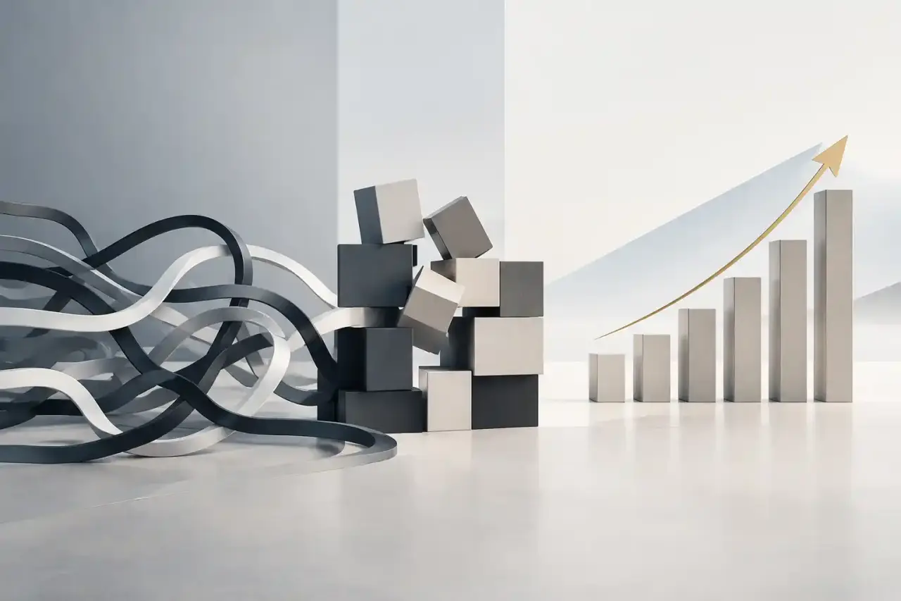 Architecture brutaliste en noir et blanc illustrant la structure d'une croissance B2B