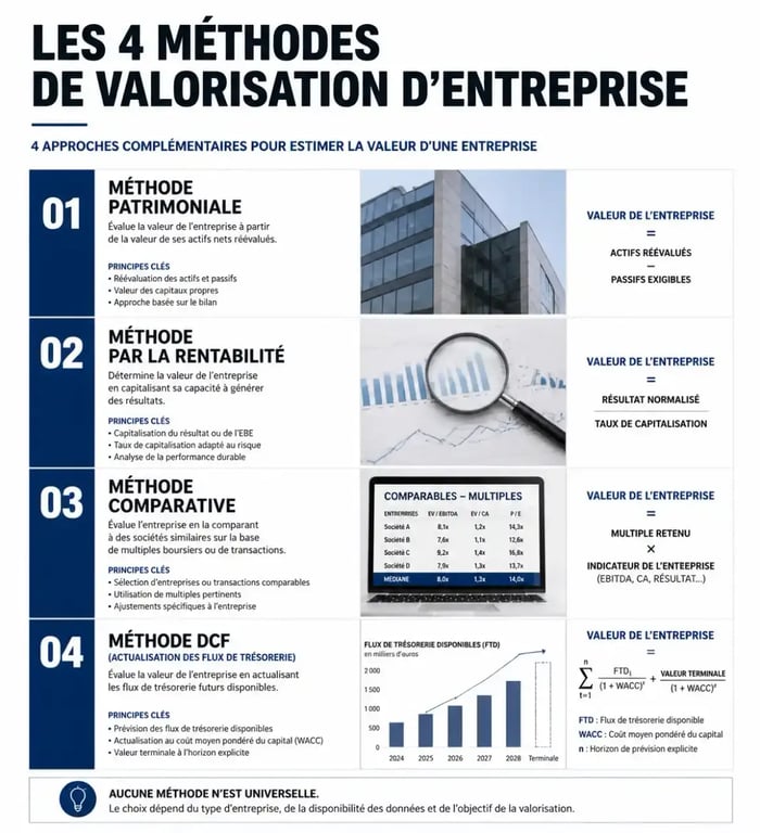 Infographie des quatre méthodes de valorisation d'entreprise pour la transmission ou la levée de fonds
