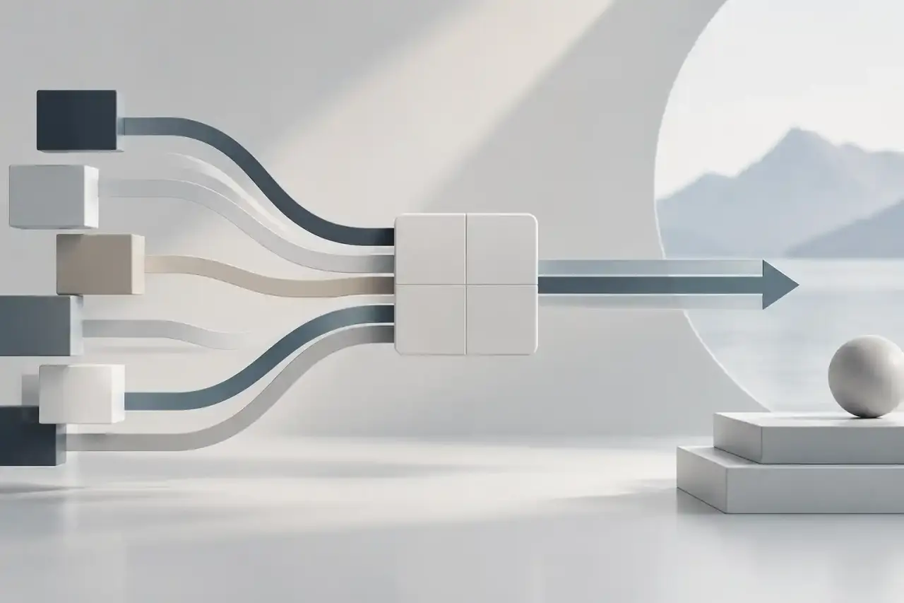 Composition architecturale minimaliste illustrant la simplification d'un flux B2