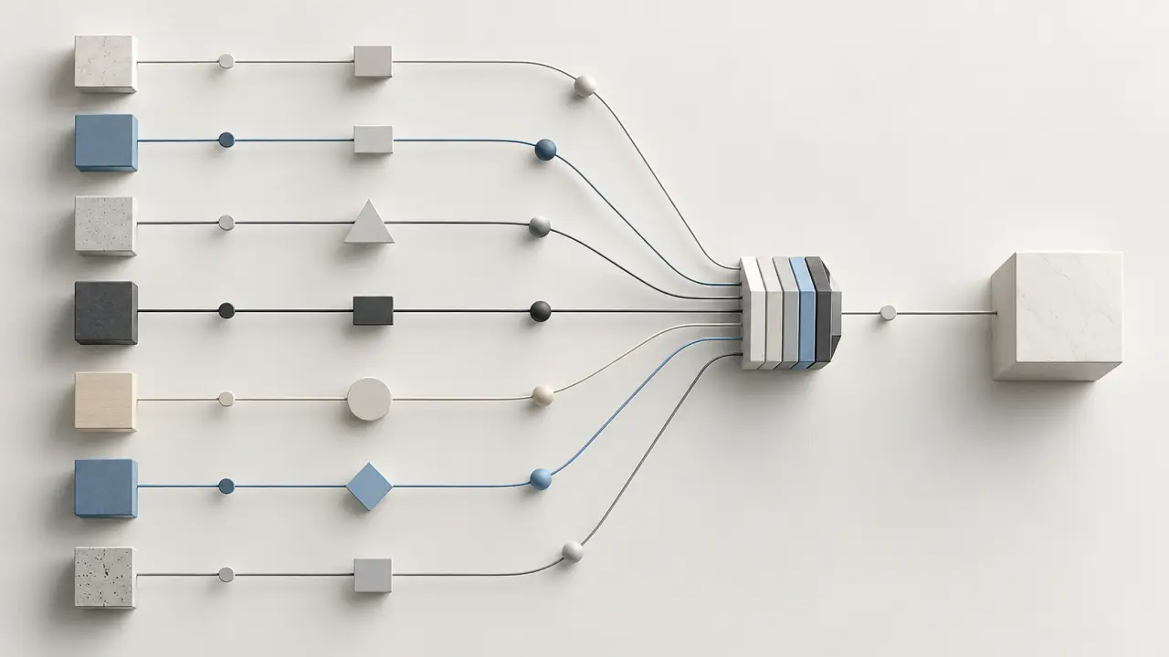 Composition architecturale abstraite illustrant la simplification des flux B2B