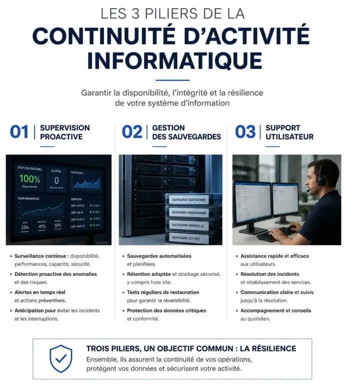 Infographie sur les piliers de la continuité d'activité pour les services informatiques en entreprise