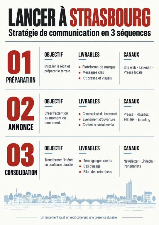 Stratégie de communication lancement entreprise Strasbourg en trois étapes : préparation, annonce et consolidation