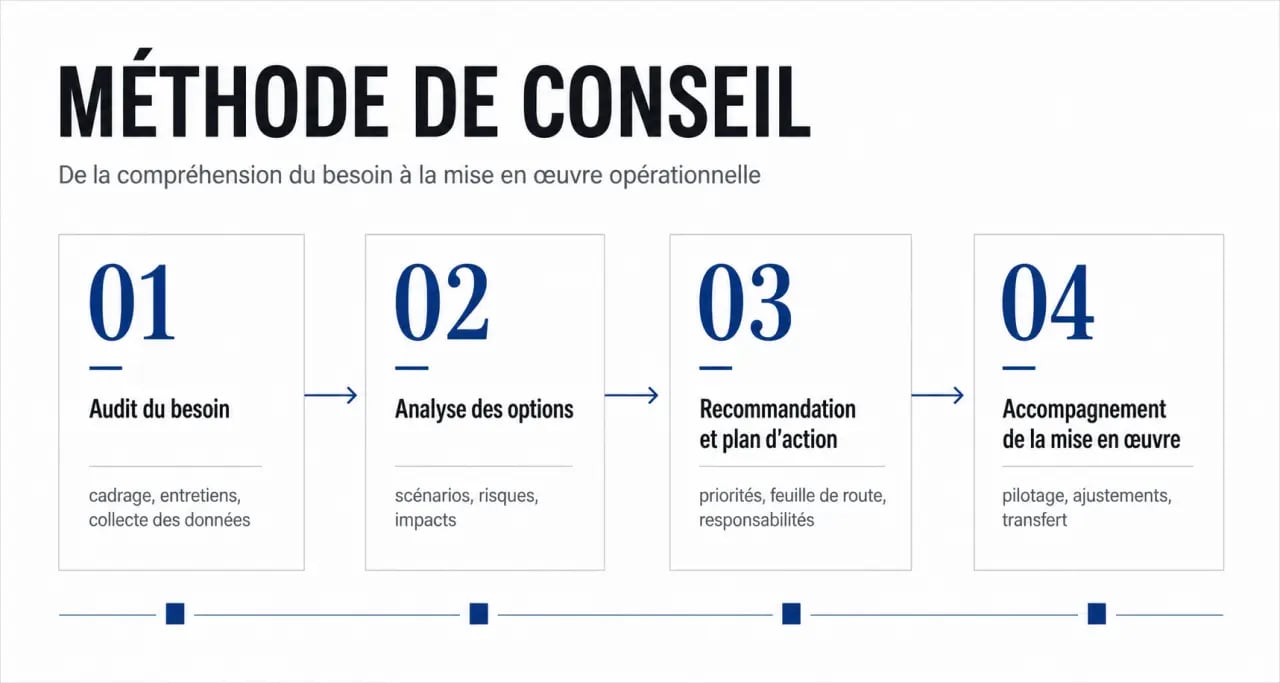 Cabinet de conseil : schéma des étapes de mission et d'accompagnement